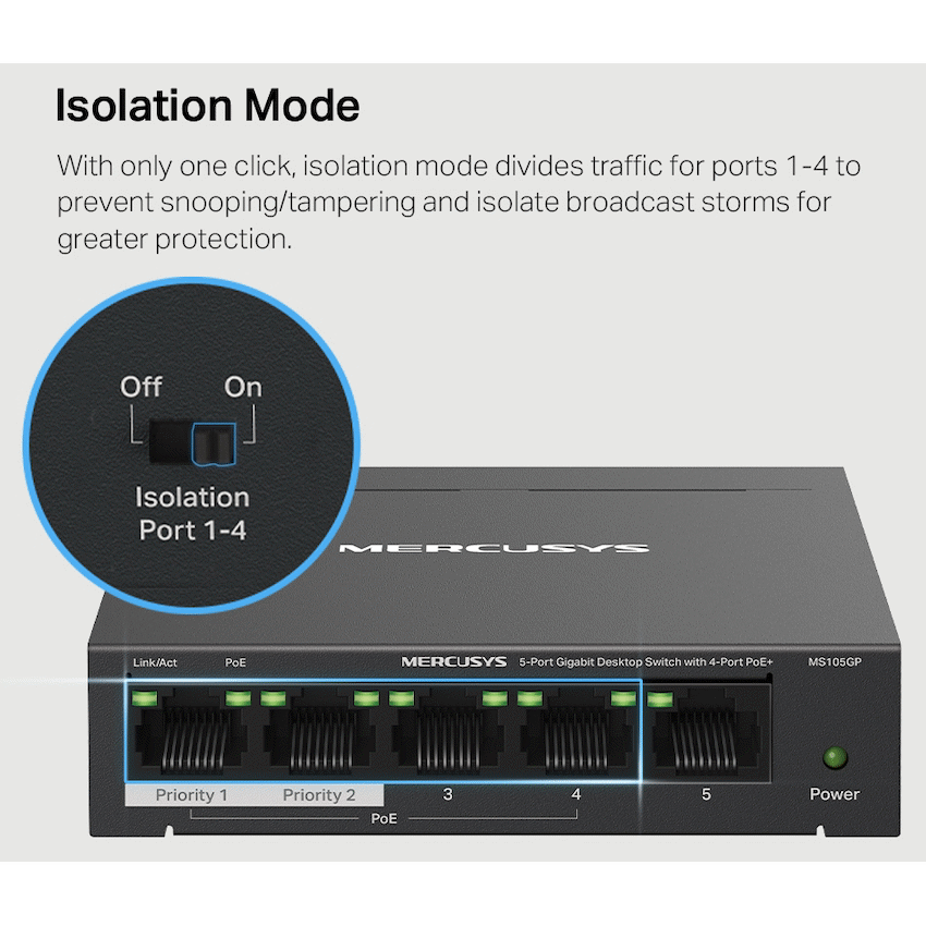 Mercusys TP-Link Mercusys MS105GP 5-Port Gigabit Desktop Switch with 4-Port PoE+