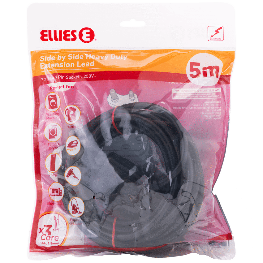 Ellies Side by Side Heavy Duty Extension Lead-5M-BK