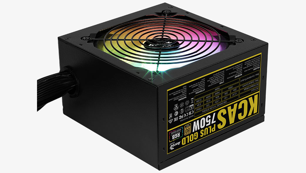 Aerocool KCAS PLUS Gold750W RGB PSU - ATX 24 PIN; 2x 4+4PIN CPU; 8x SATA; 4x PATA; 3x PCIe 6+2PIN.