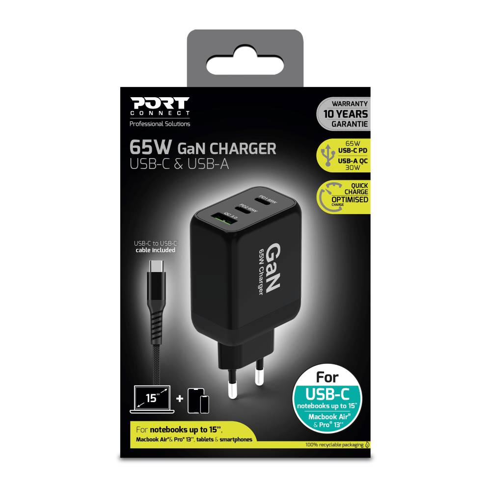 Port 65W GaN wall charger & 2M EU USB-C cable - Guards On Duty Shop & Security Guards