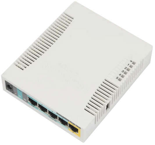 MikroTik RouterBOARD RB951Ui-2HnD, 5x LAN, built-in 2.4Ghz 802b/g/n 2x2 two chain wireless with integrated antennas, desktop case, PSU, RouterOS L4