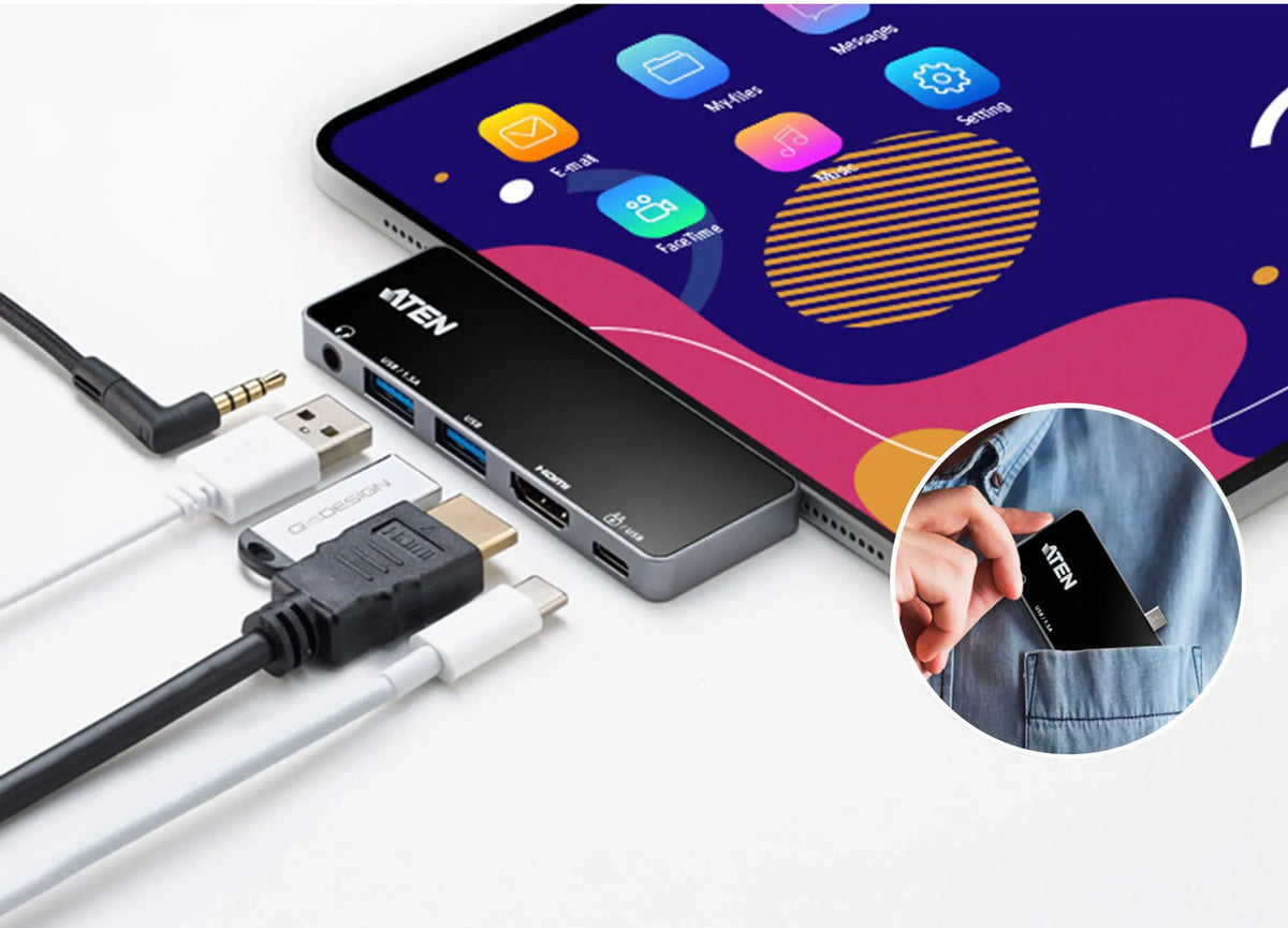 ATEN Dock; USB-C 5-in-1 Travel Dock with Power Pass-Through - 1 x audio port; 2 x USB Type-A ports; 1 x HDMI; 1 x USB-C