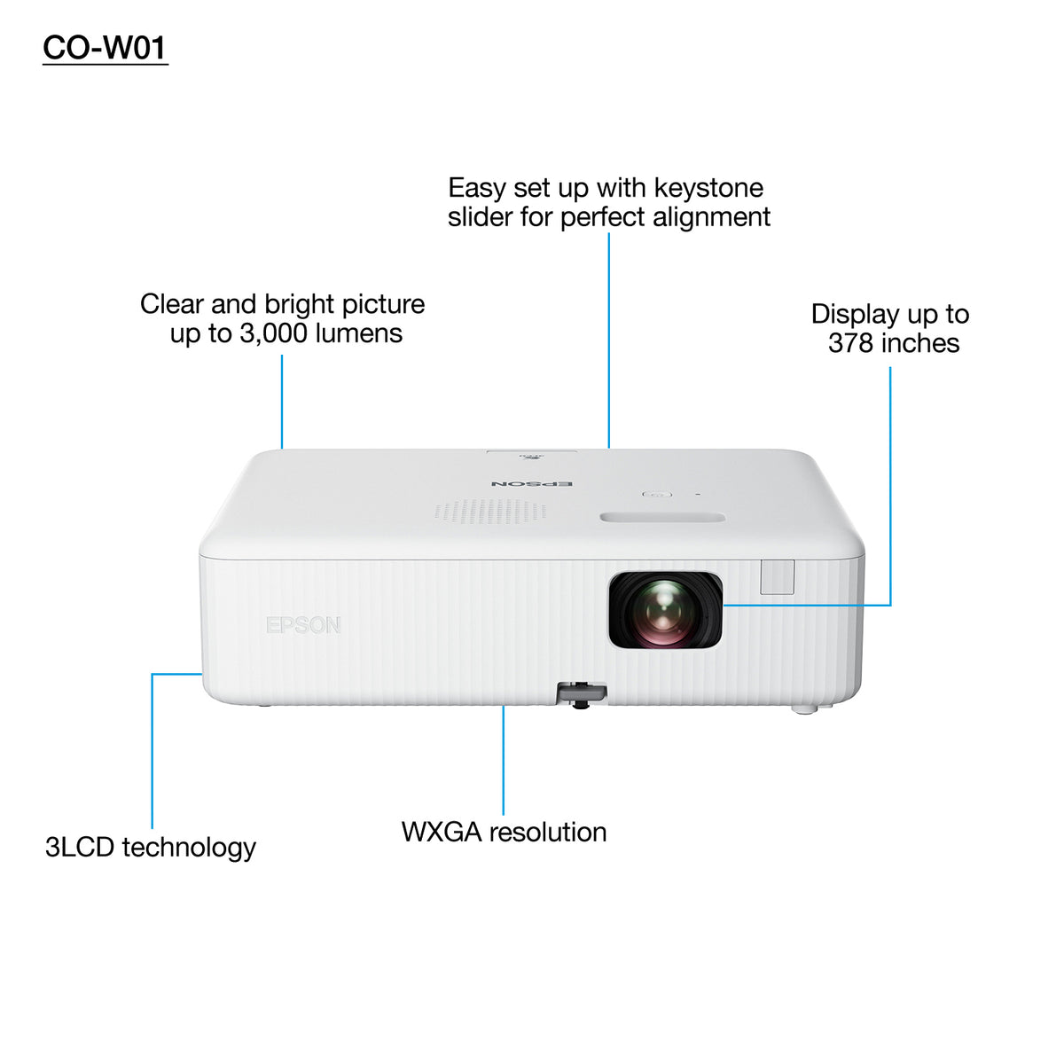 Epson CO-W01 - WXGA; Home Office; TV & Box Sets; 3000 Lumens; HDMI; USB