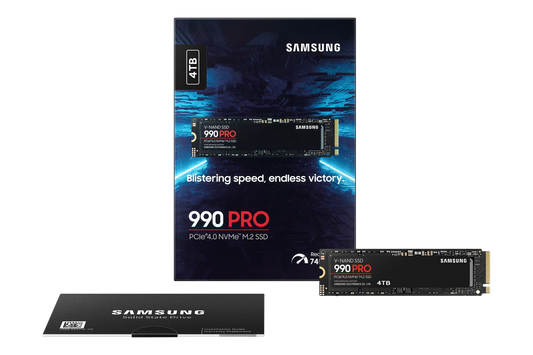 SAMSUNG 990 PRO 4 TB NVME SSD - READ SPEED UP TO 7450 MB/S, WRITE SPEED TO UP 6900 MB/S, RANDOM READ UP TO 1400000 IOPS, RANDOM WRITE UP TO 1550000 IOPS, PCIE 4.0 X4, NVME 2.0, V-NAND 3BIT MLC, IN-HOUSE CONTROLLER, 2GB LOW POWER DDR4, 2400TBW 5 YEAR CARRY - Guards On Duty Shop & Security Guards