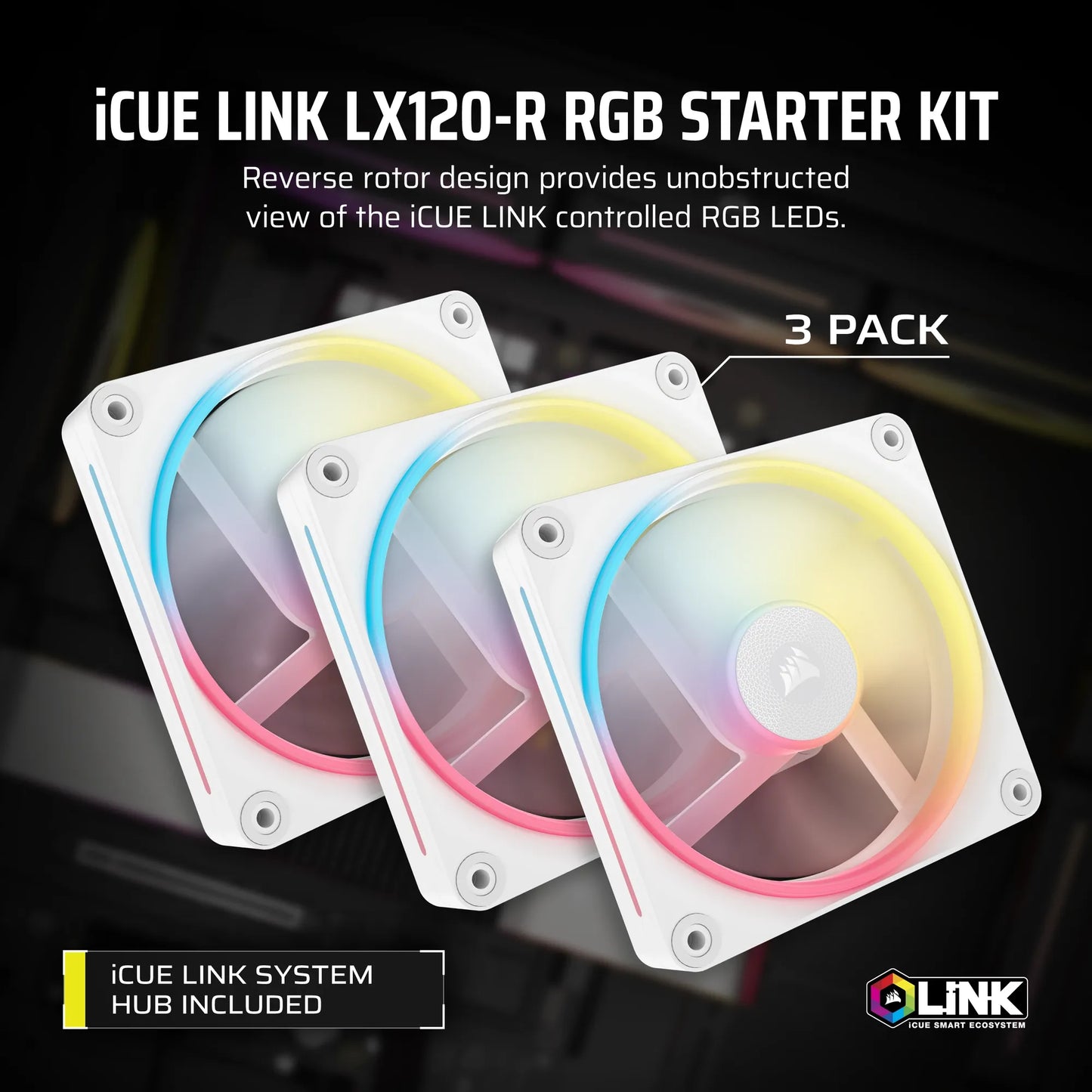 CORSAIR LX-R RGB Series; iCUE LINK LX120-R RGB White; 120mm RGB Fan; Triple Fan Kit.