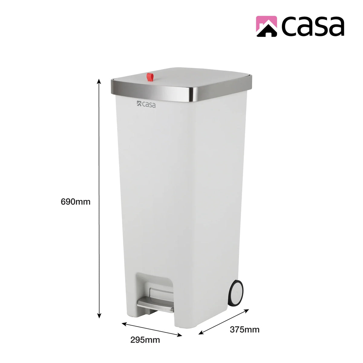 CASA Ravello 45L Pedal & Lid Lift Bin - Plastic - Slim Rectangle - With Wheels - White