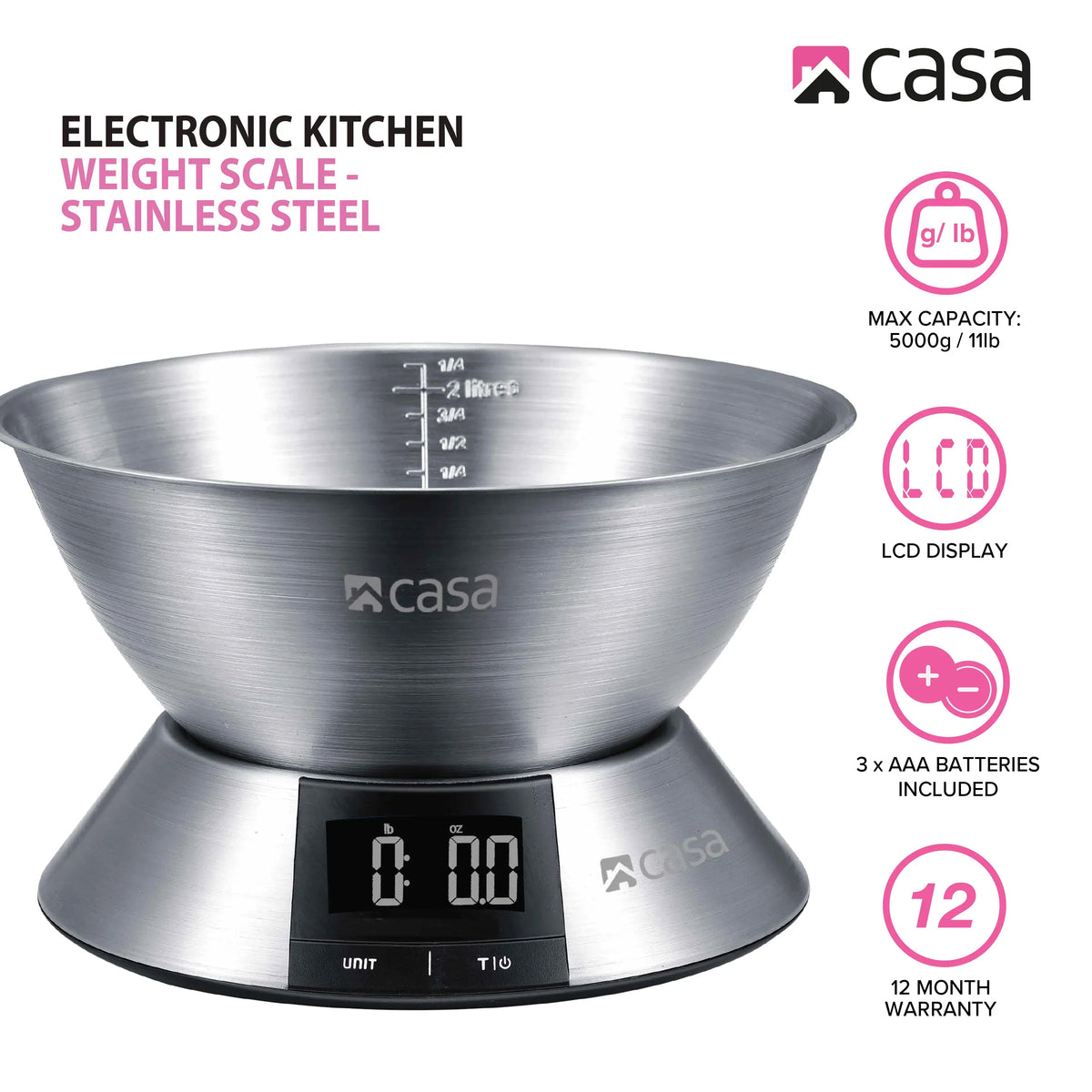 CASA Kitchen Digital Scale - Stainless Steel Base & 2.25L Measuring Bowl