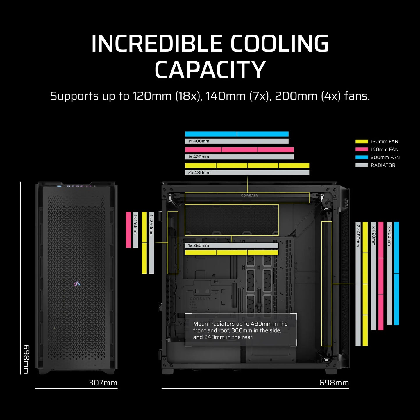 iCUE LINK 9000D AIRFLOW Tempered Glass Super-Tower; Supports  18x 120mm fans - Black