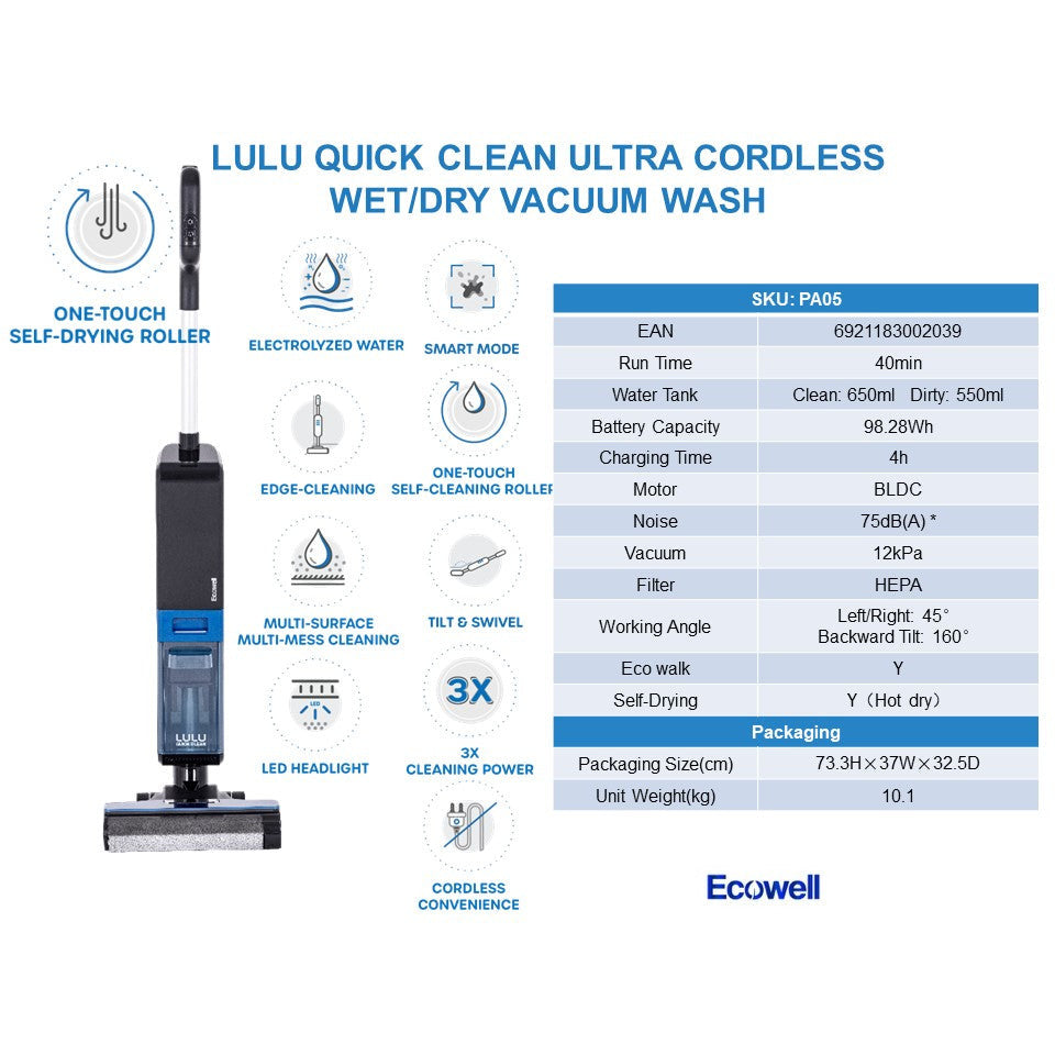 Ecowell Lulu - Quick Clean Ultra Cordless Wet/Dry Vacuum Wash