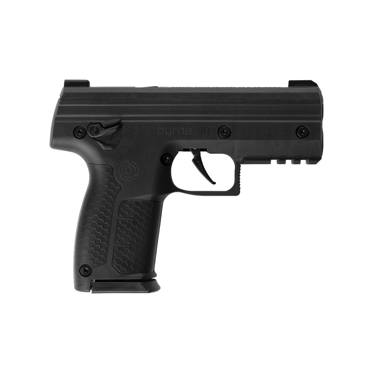 Black Byrna SD .68 cal launcher with magazine fitted, right-side view showing the safety selector and textured grip