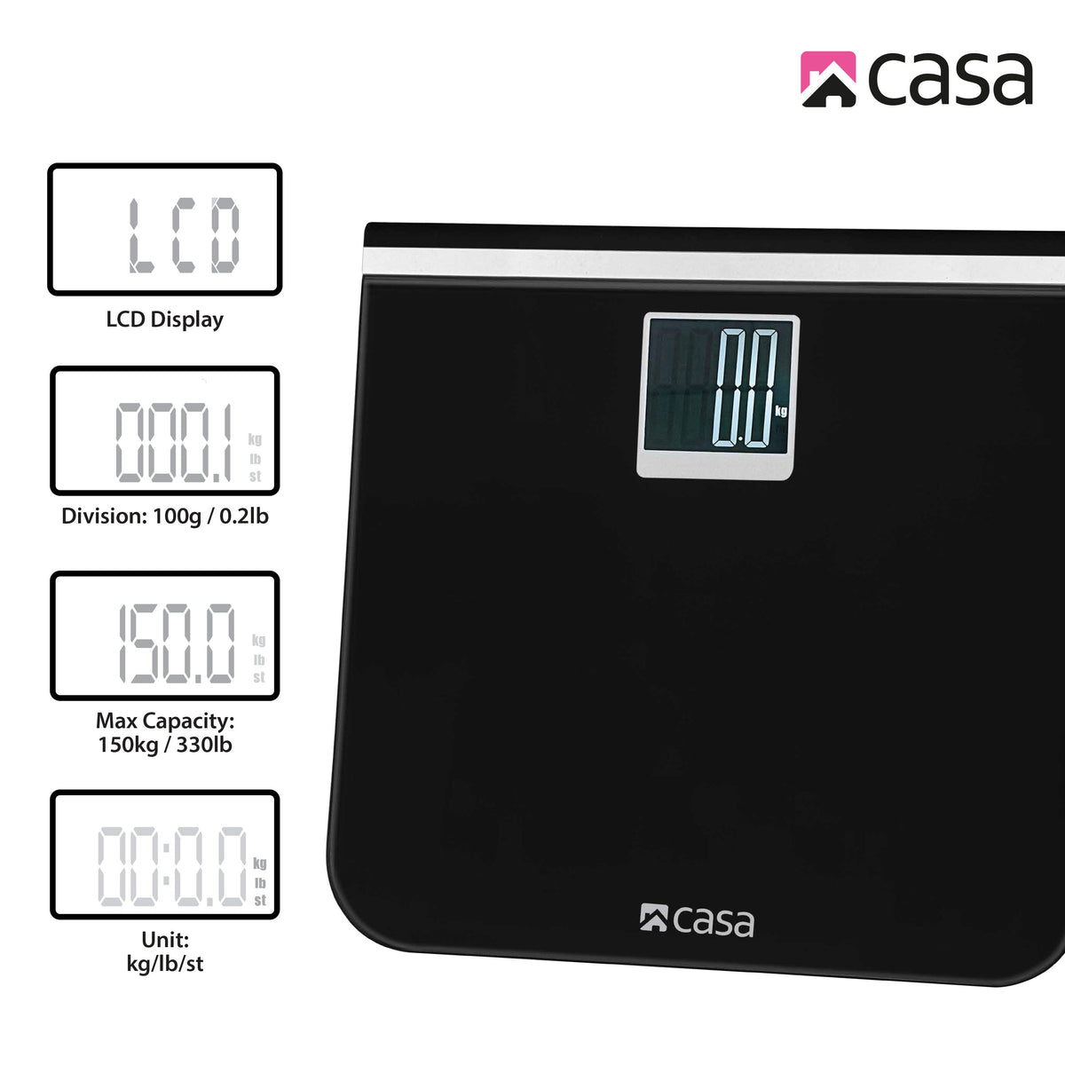 CASA Digital Bathroom Scale - Glass Platform - Black - Large LCD Display