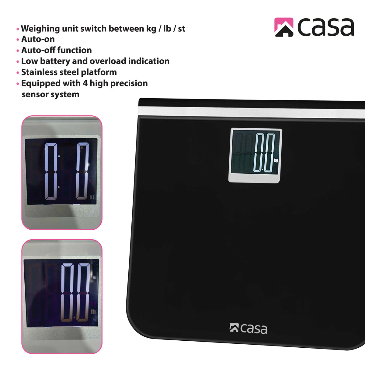 CASA Digital Bathroom Scale - Glass Platform - Black - Large LCD Display