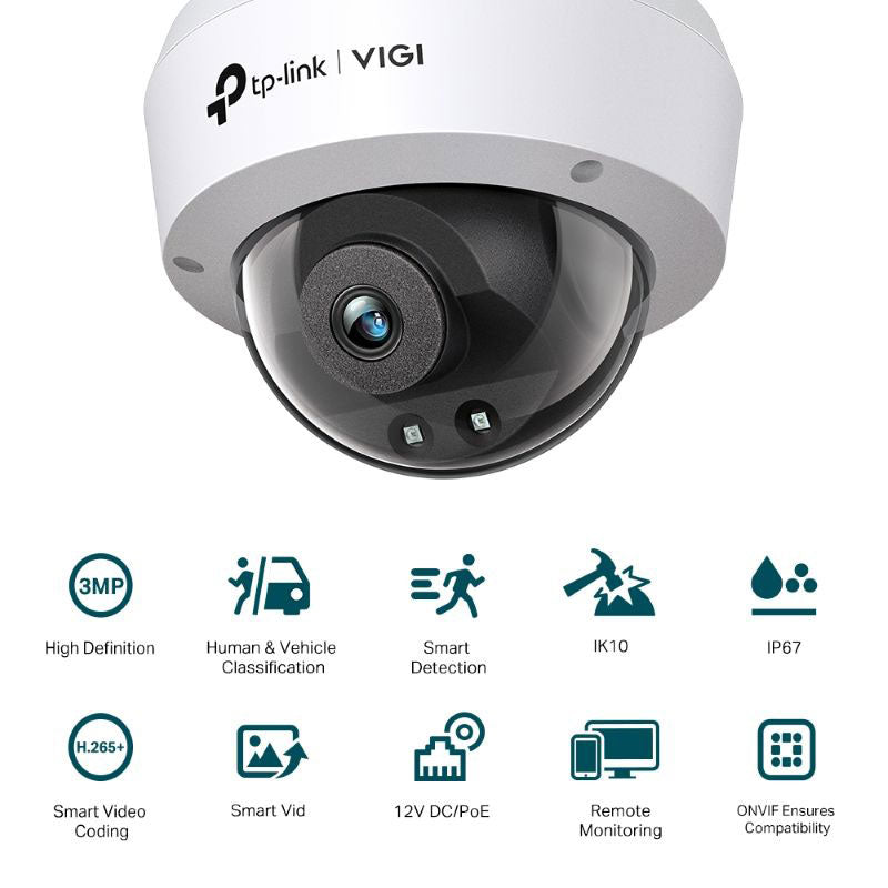 VIGI 3MP IK10 IP Dome Camera 2.8mm lens, IR30m, 12V DC/PoE