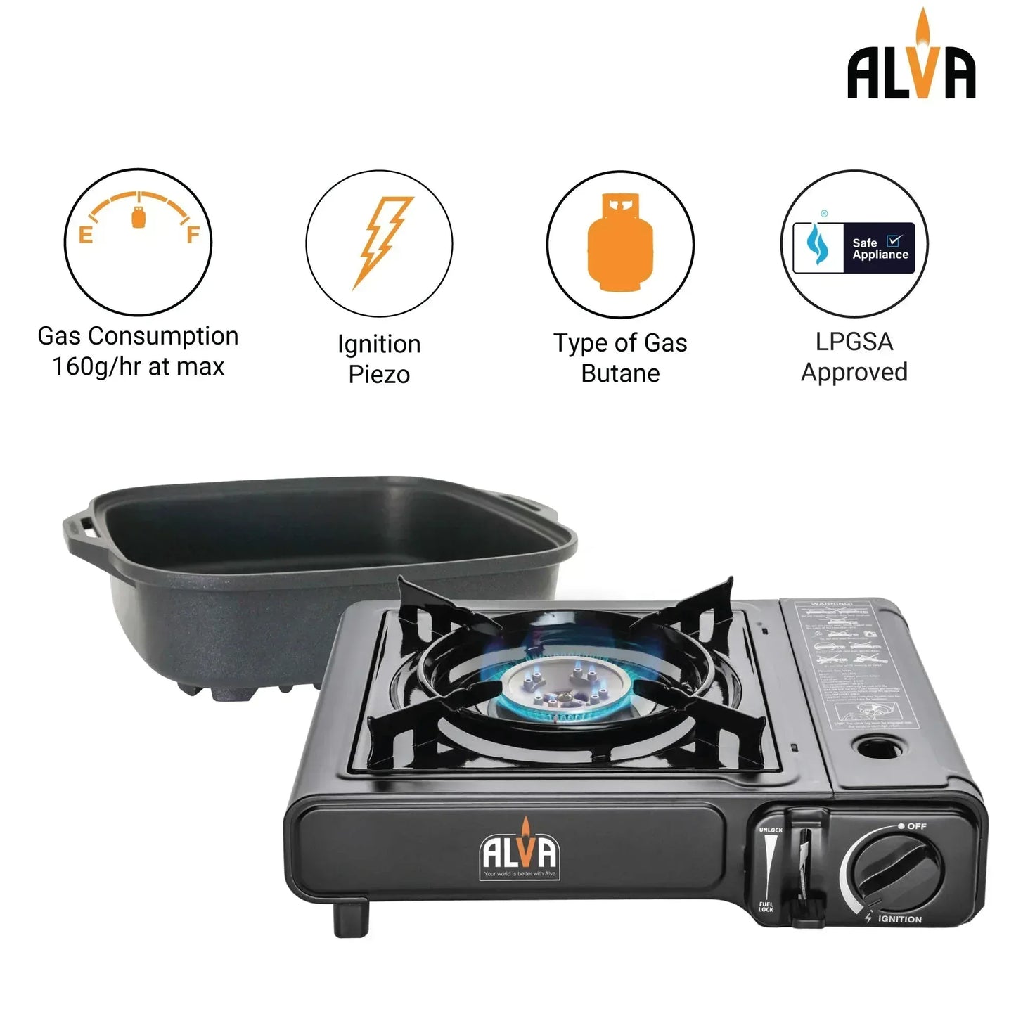 Alva Single Burner Butane Canister Stove + Cooking Pot & Lid Guards On Duty Security