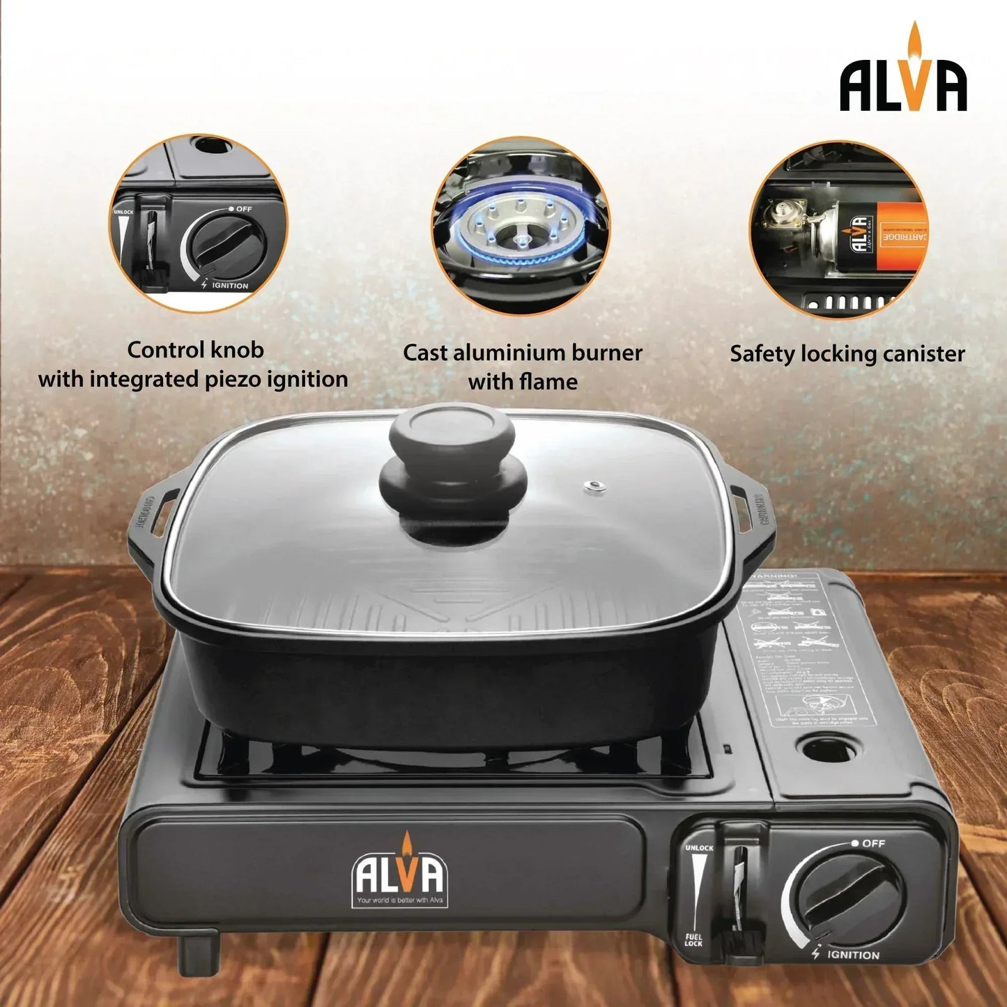 Alva Single Burner Butane Canister Stove + Cooking Pot & Lid Guards On Duty Security