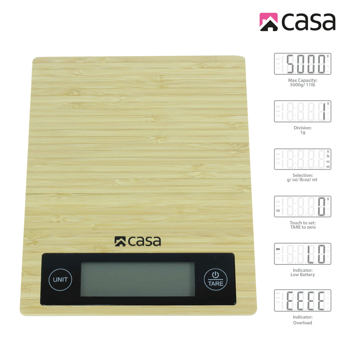 CASA Kitchen Digital Scale - Bamboo - Large Backlit Display