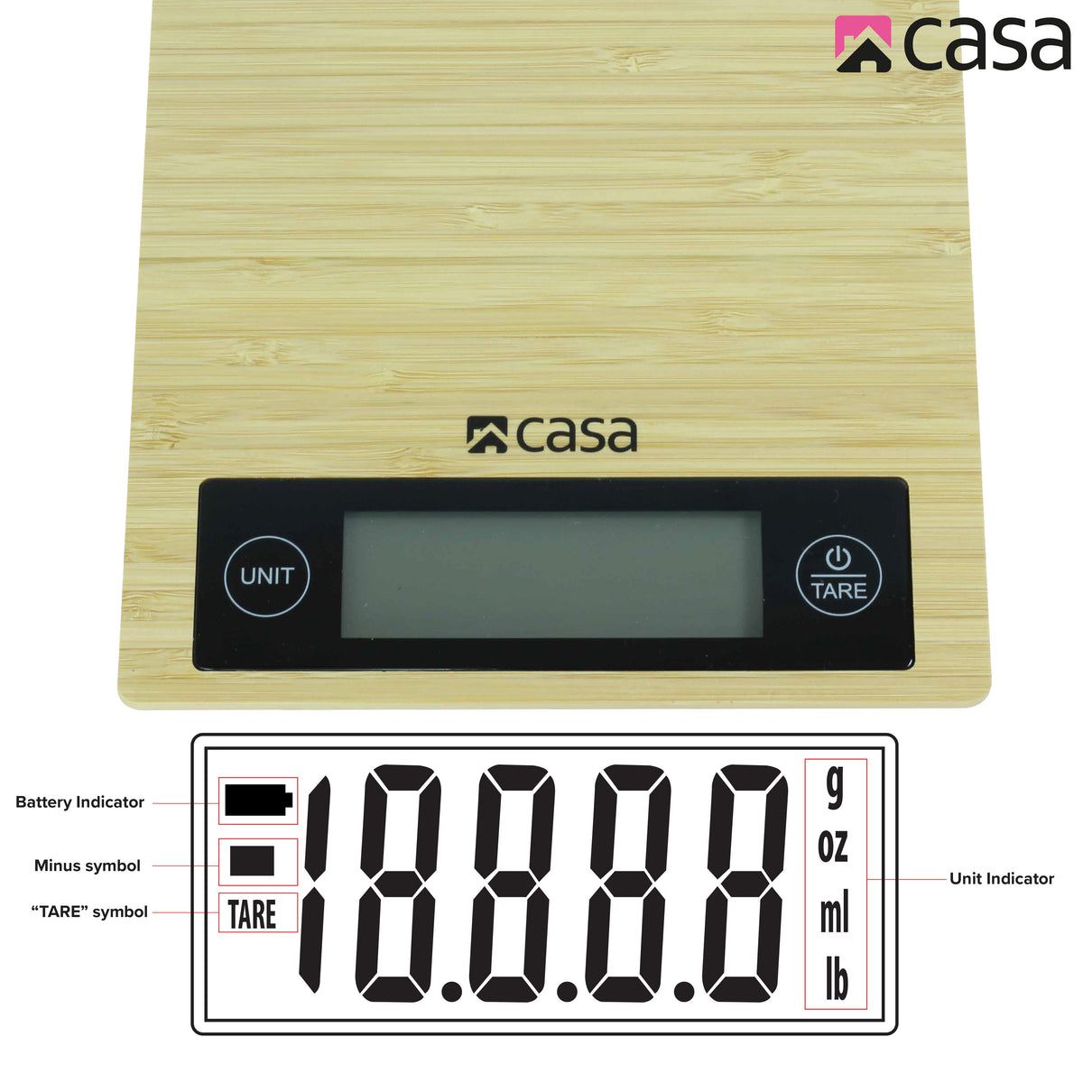 CASA Kitchen Digital Scale - Bamboo - Large Backlit Display
