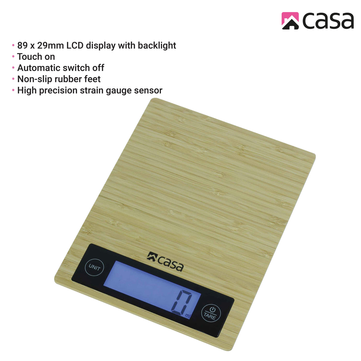CASA Kitchen Digital Scale - Bamboo - Large Backlit Display