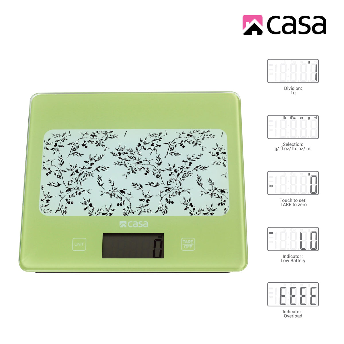 CASA Kitchen Digital Scale - Glass - Green With Olives Design