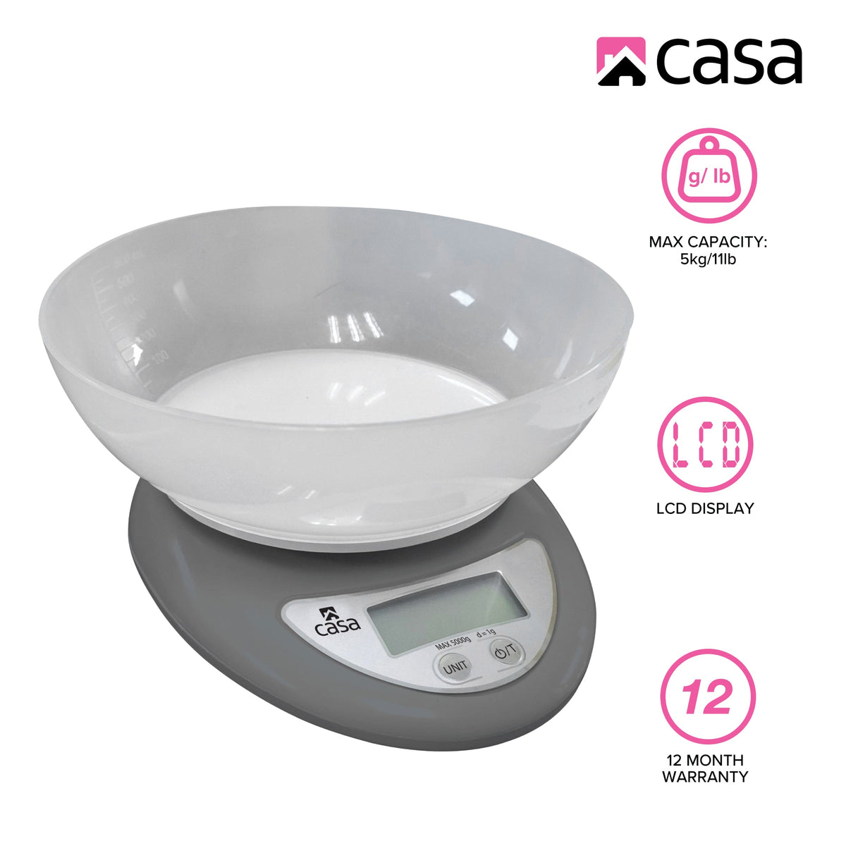 CASA Kitchen Digital Scale - Grey - With Clear Plastic Bowl