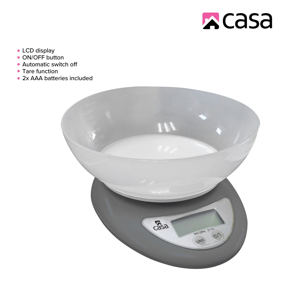 CASA Kitchen Digital Scale - Grey - With Clear Plastic Bowl