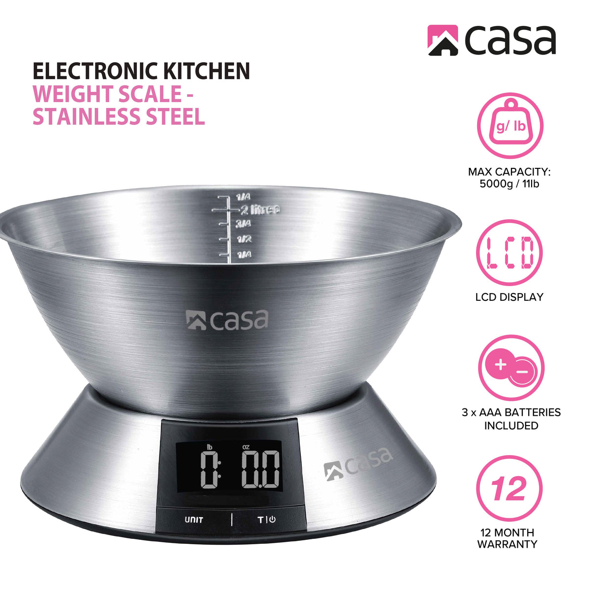 CASA Kitchen Digital Scale - Stainless Steel Base & 2.25L Measuring Bowl