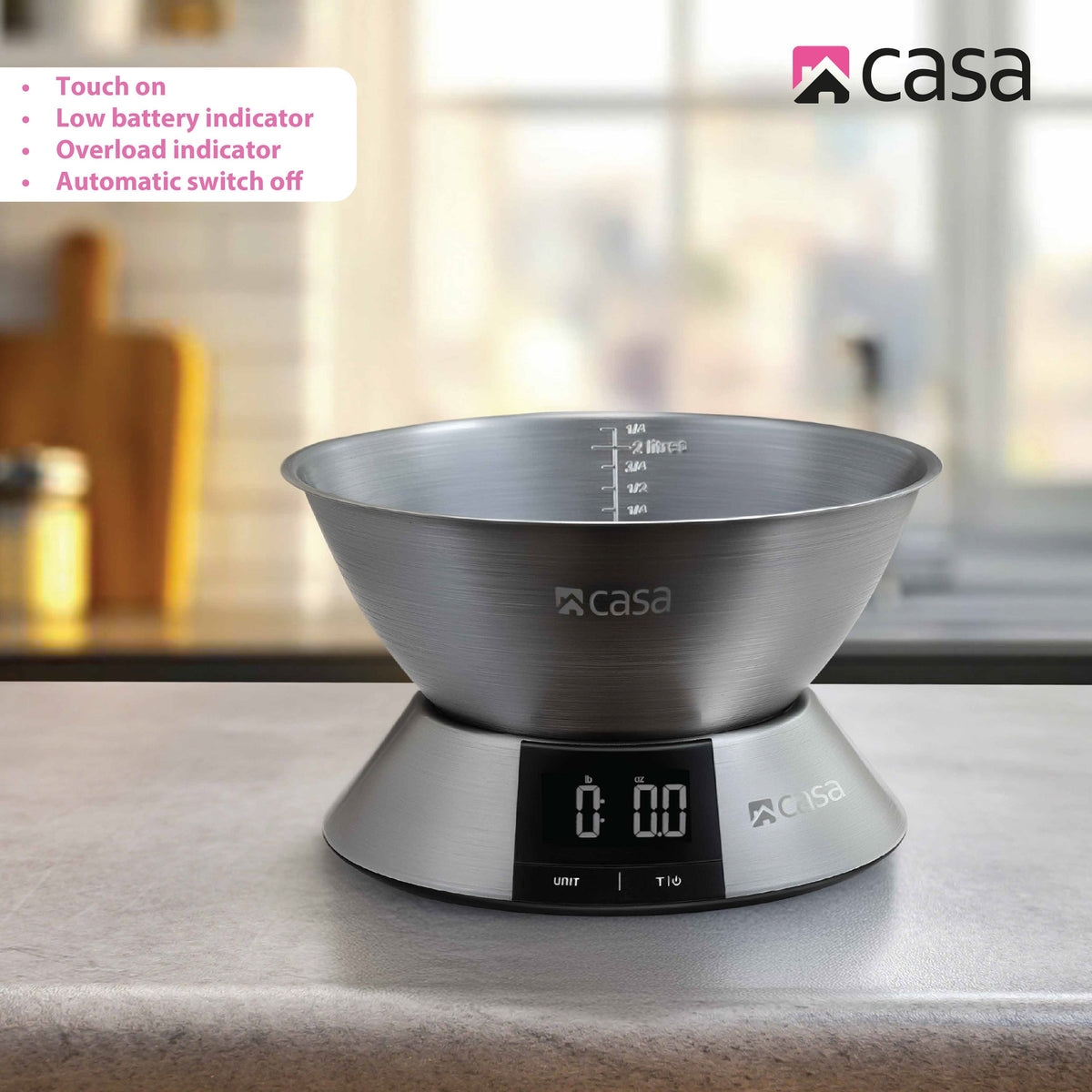 CASA Kitchen Digital Scale - Stainless Steel Base & 2.25L Measuring Bowl