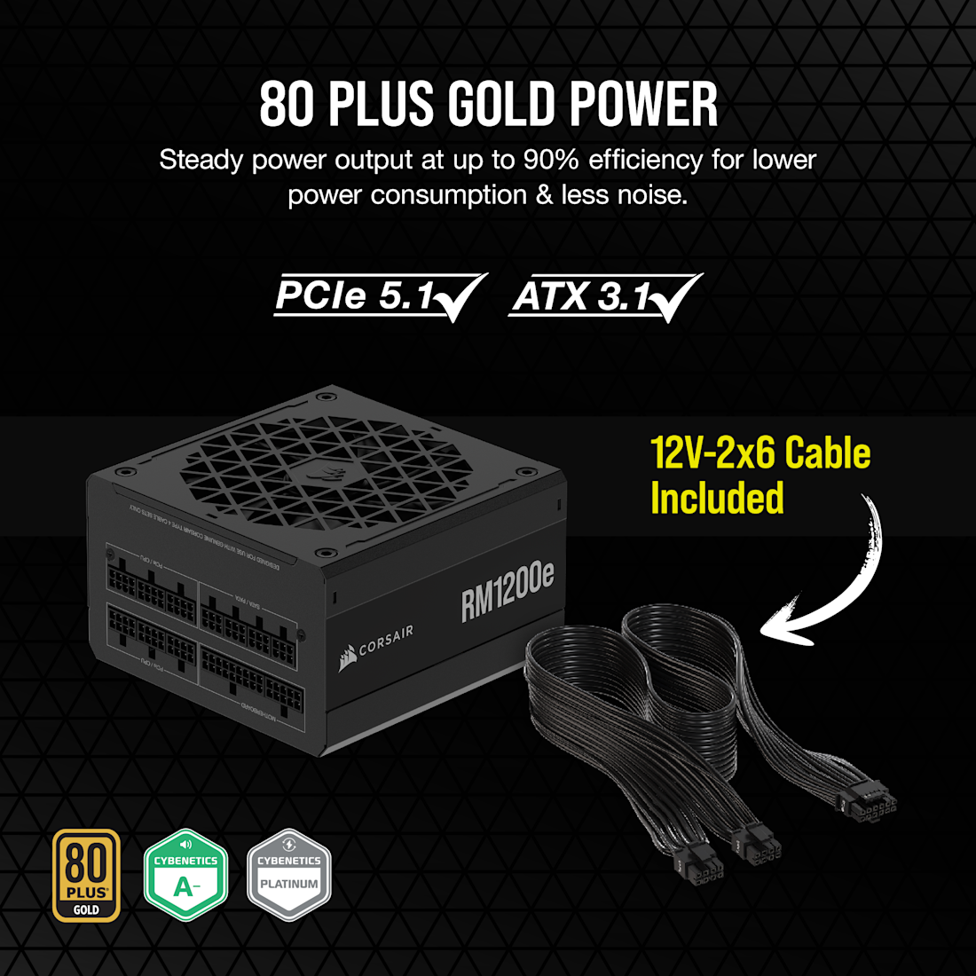 Corsair RM Series RM1200e_ 1200 Watt 80 PLUS Gold Fully Modular ATX PSU; ATX 3.1 and PCIE 5.1 ; 7yr Warranty
