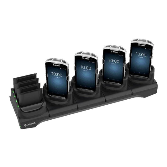 Zebra TC51/56 5-Slot Charge Only Cradle with 4-Slot Spare Battery Charger; charges up to 4 devices and up to 4 spare batteries.
