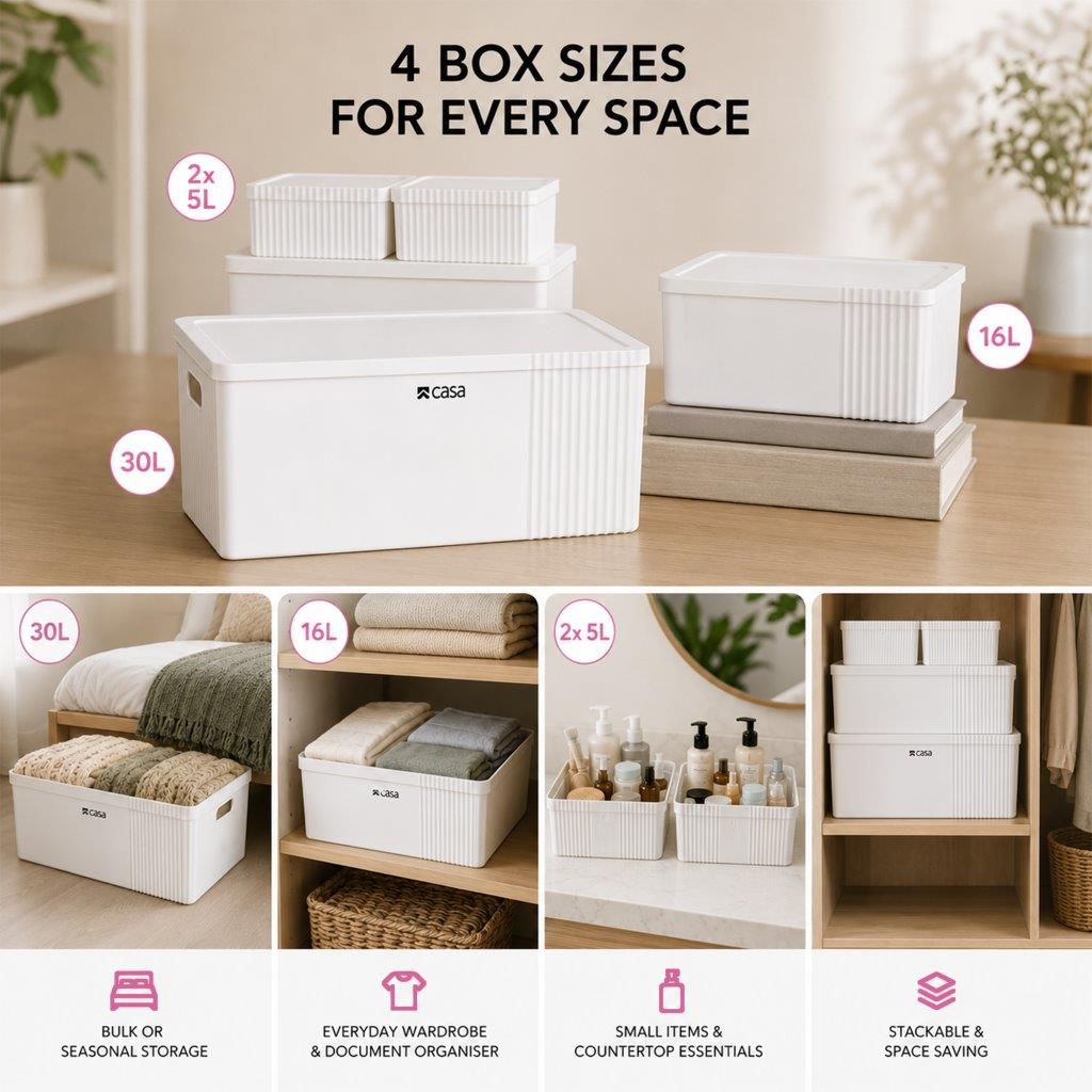 CASA 4Pc Decorative Storage Box Set - 30L + 16L + 2x 5L - White