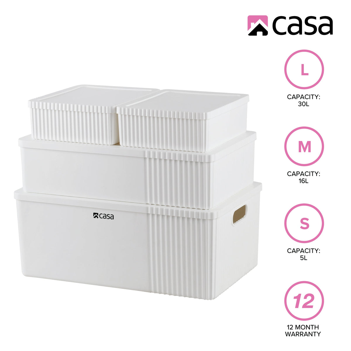 CASA 4Pc Decorative Storage Box Set - 30L + 16L + 2x 5L - White