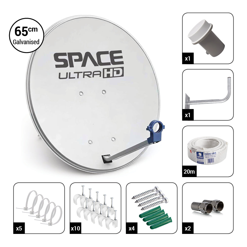 Space UltraHD 65cm Galvanised Steel Dish Kit with Single KU Band LNB & Accessories – DK65-DIY