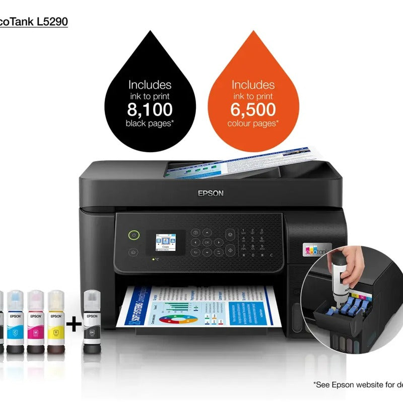 Epson Ecotank L5290, A4 Colour 4-1,usb, Wifi, Wi-fi Direct & Ethernet Adf Printer Print Resolution: 5760 X 1440 Dpi Print Speed Iso: 10 Pages/min Mono, 5 Pages/min Colour Scan Single-sided Speed: 200 Dpi Optical Resolution: 1200 Dpi X 2400 Dpi Duplex — Epson | Guards on Duty Shop South Africa