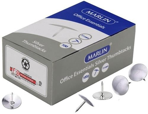 Marlin Office Essentials Thumbtacks 11mm Silver 100 Pack