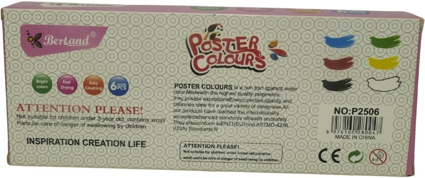Bertand 6 x 25ml Assorted Poster Paint Colors Set