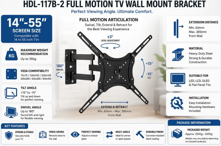 UniQue Full Motion 14 to 32 inch Swivel And Tilt TV And Monitor Bracket