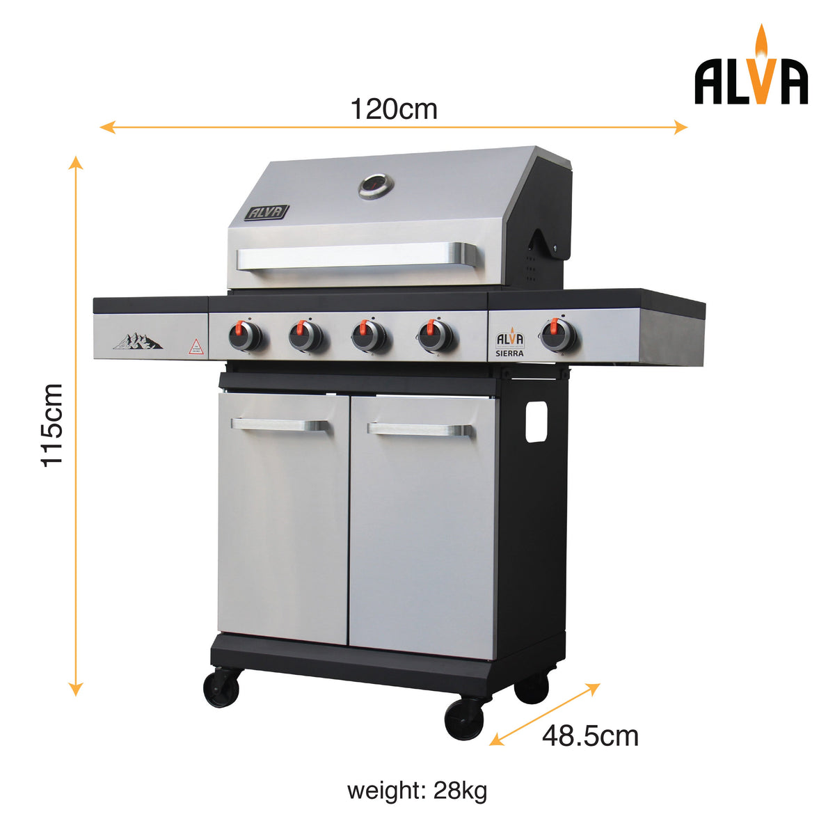 Alva Sierra 4-Burner BBQ With Side Burner – Stainless Steel / Black + FREE TOOL SET