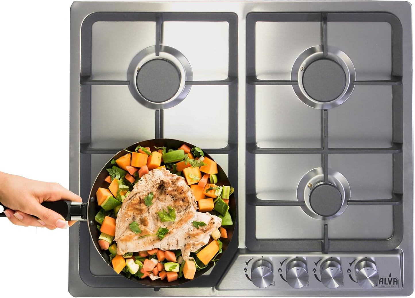 Alva 60cm 4-Burner Gas Hob - Stainless Steel - Alva 60cm 4-Burner Gas Hob