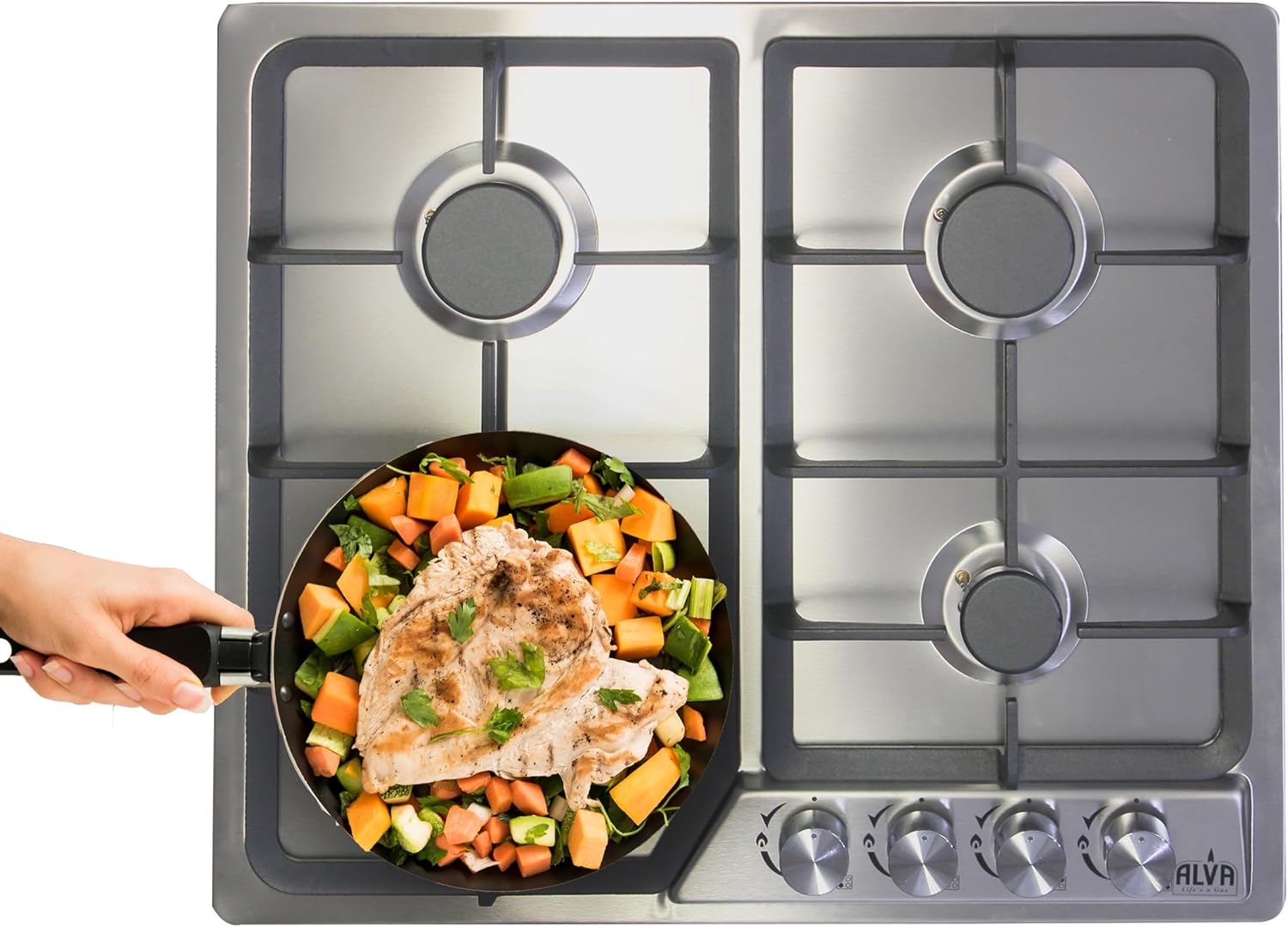 Alva 60cm 4-Burner Gas Hob - Stainless Steel - Alva 60cm 4-Burner Gas Hob