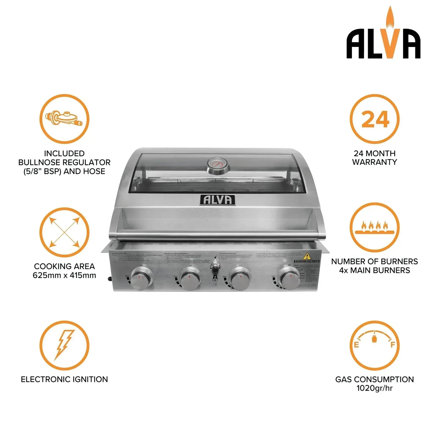 Alva Mojave 4-Burner Glass Hood Drop-In Gas BBQ Guards On Duty Security