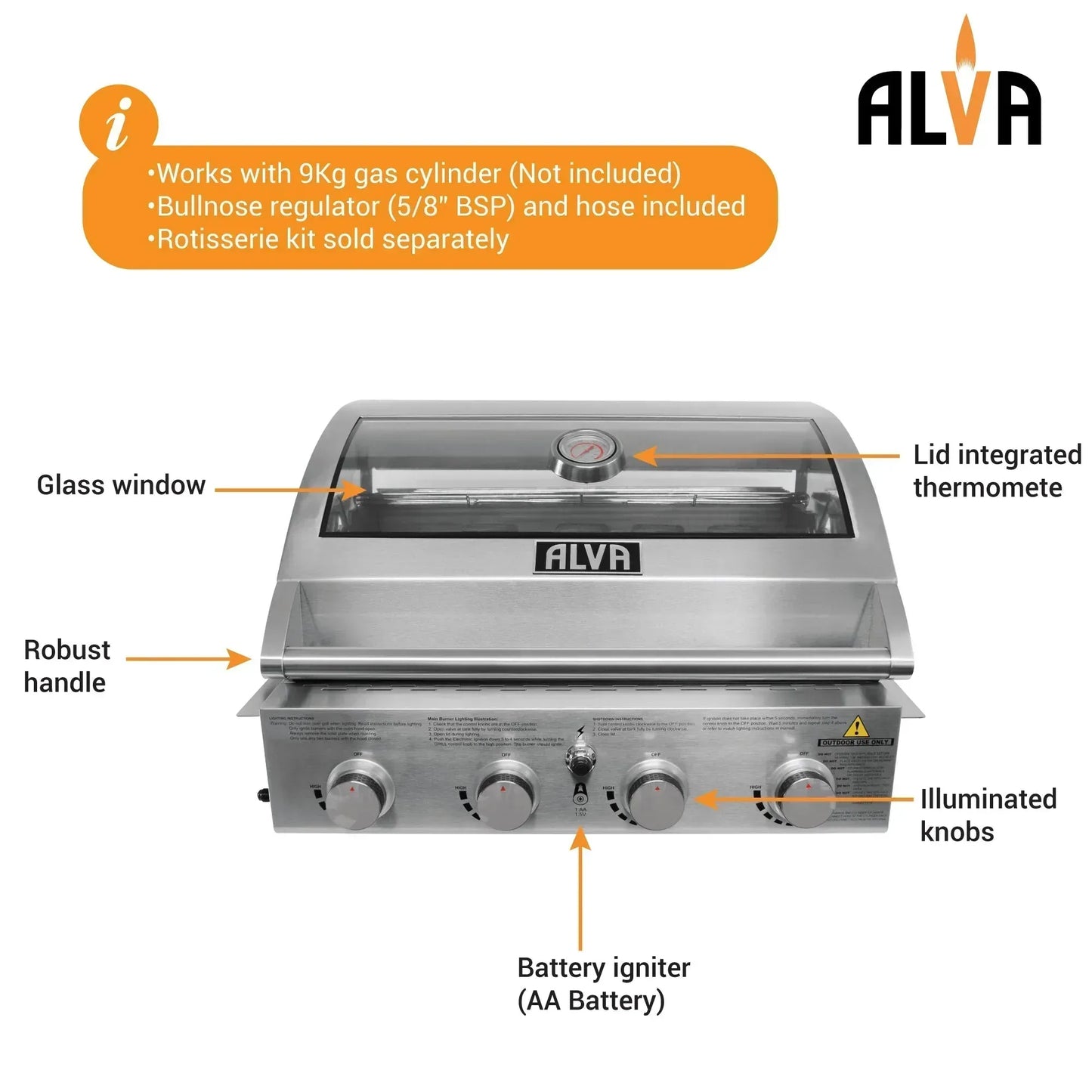 Alva Mojave 4-Burner Glass Hood Drop-In Gas BBQ Guards On Duty Security
