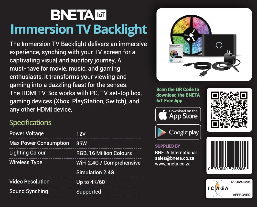 BNETA IoT Immersion TV Backlight with HDMI Sync Box K90
