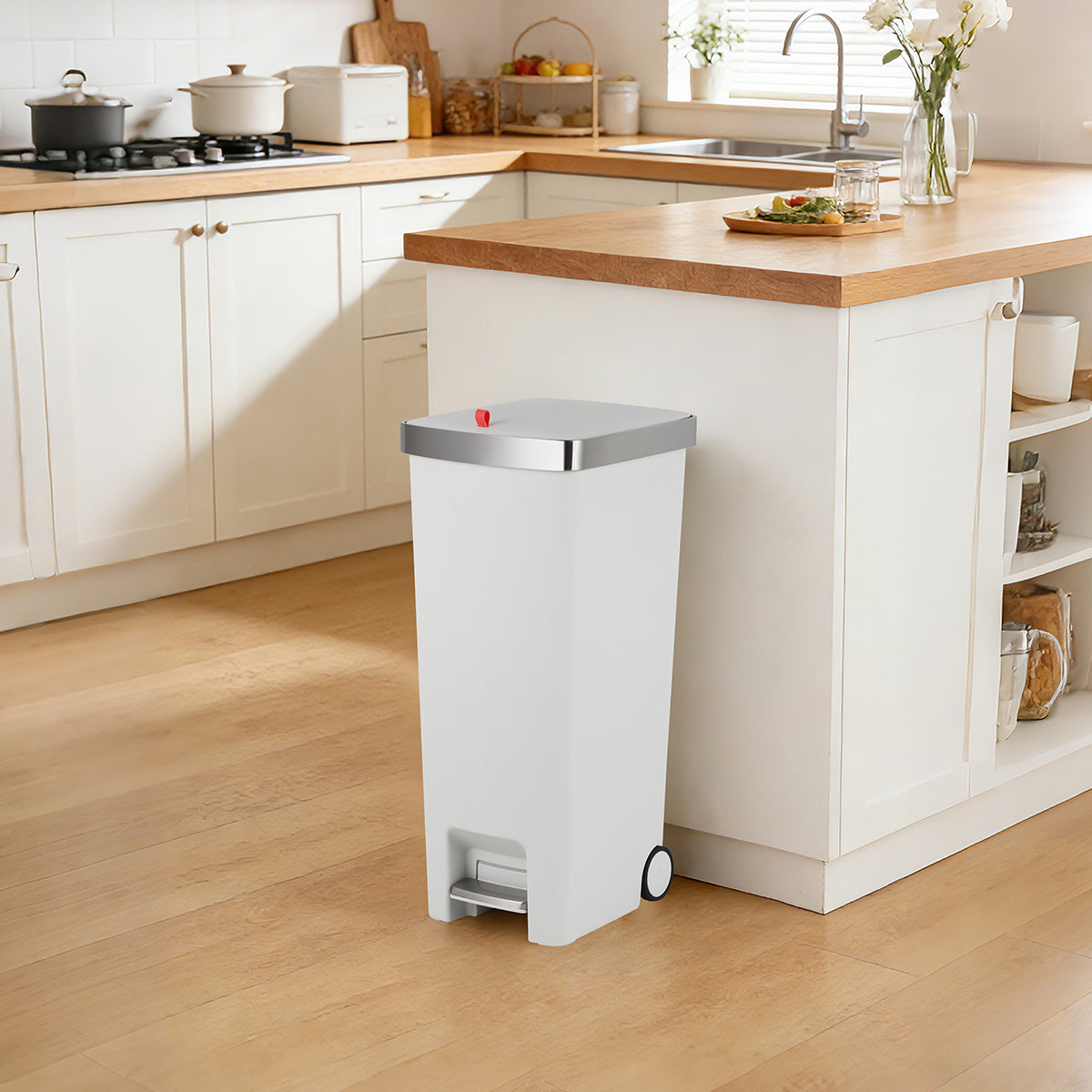 CASA Ravello 45L Pedal & Lid Lift Bin - Plastic - Slim Rectangle - With Wheels - White