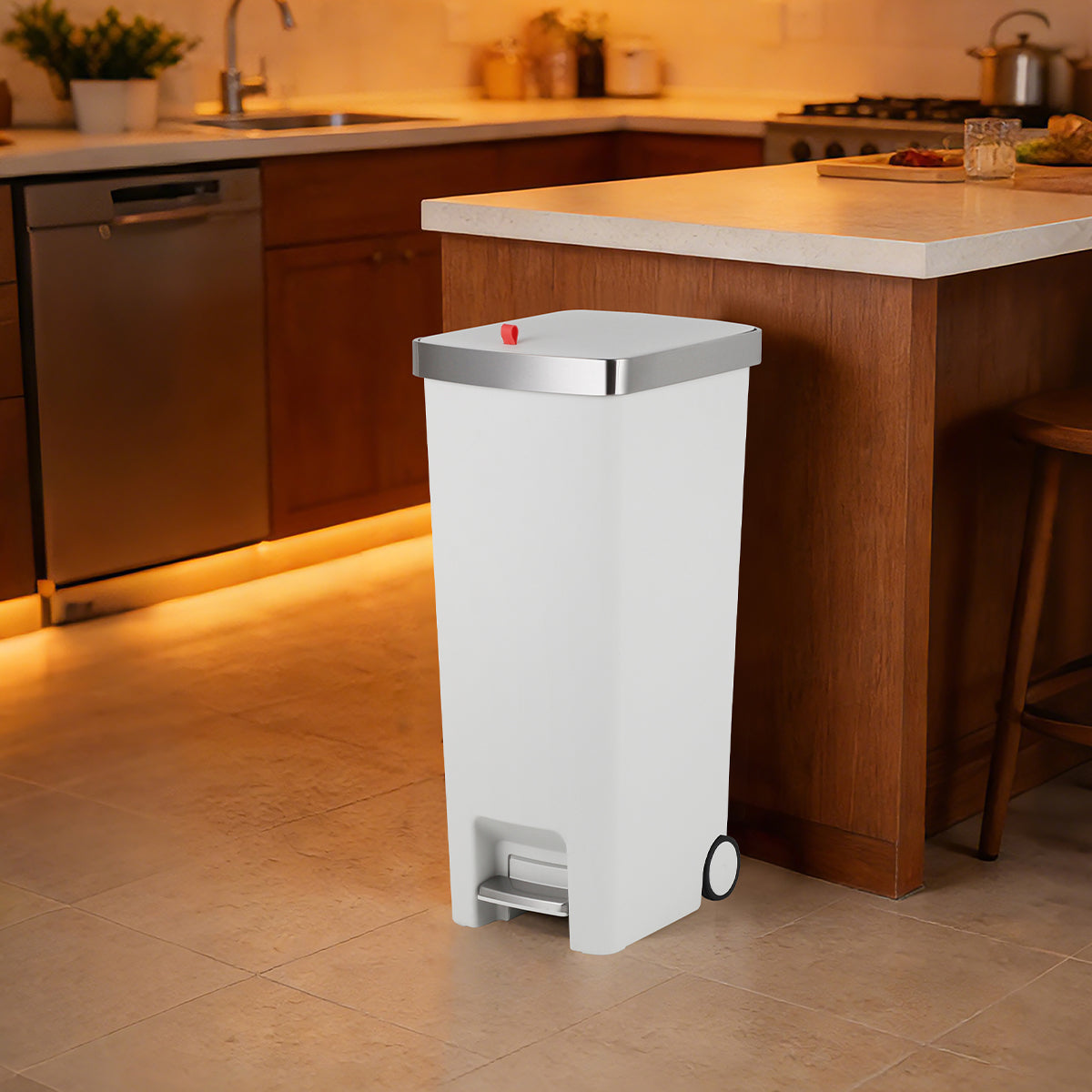 CASA Ravello 45L Pedal & Lid Lift Bin - Plastic - Slim Rectangle - With Wheels - White