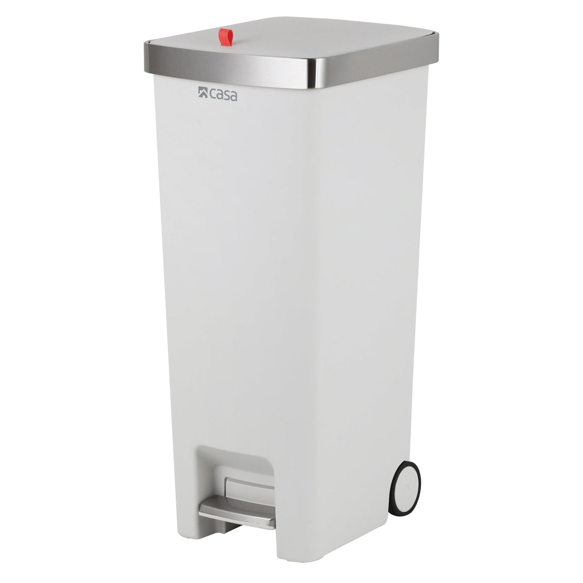 CASA Ravello 45L Pedal & Lid Lift Bin - Plastic - Slim Rectangle - With Wheels - White