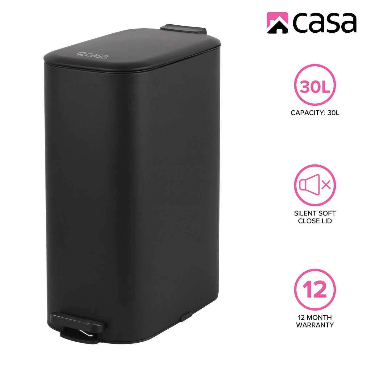CASA 30L Steel Pedal Bin - Slimline Rectangle - Portofino - Silver