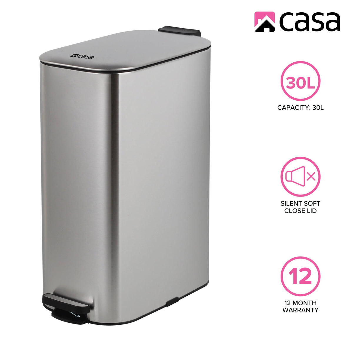 CASA 30L Steel Pedal Bin - Slimline Rectangle - Portofino - Silver