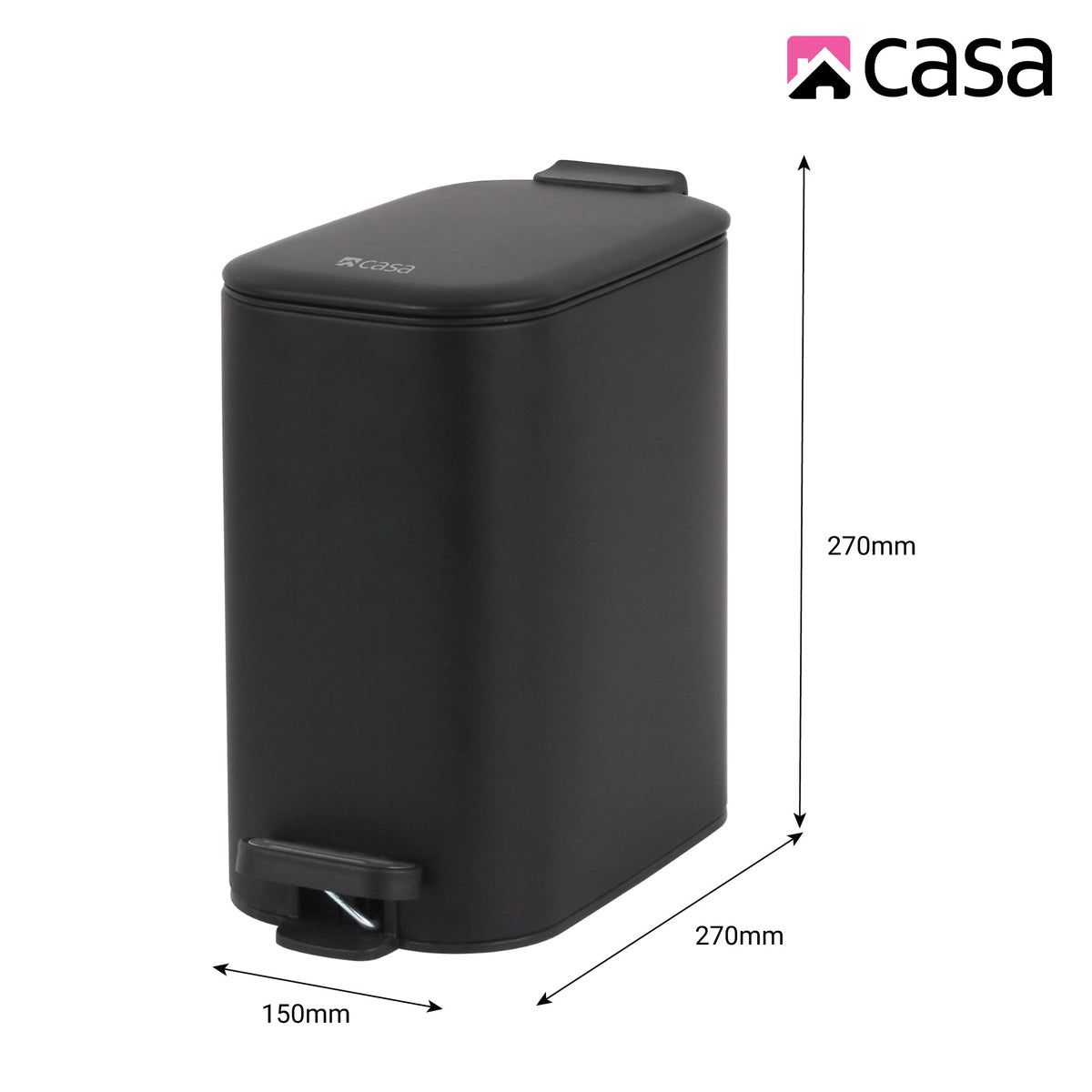 CASA 6L Steel Pedal Bin - Slimline Rectangle - Portofino - Black