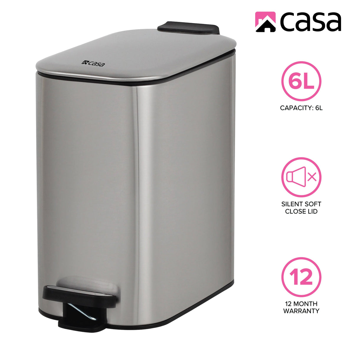 CASA 6L Steel Pedal Bin - Slimline Rectangle - Portofino - Black