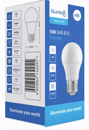 G45 LED Lamp 5W B22 Daylight Illumin8 (6 Pack)